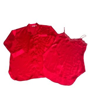 Vintage Victoria's Secret Red Satin Lace Slip Button-Down Long-sleeve Lingerie M